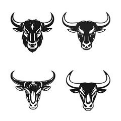 Bull head logo collection, strong animal emblem, angry bull face, horned beast icon, vector illustration