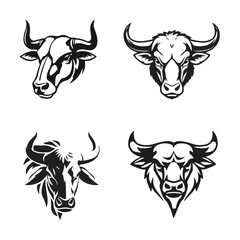 Bull head logo collection, strong animal emblem, angry bull face, horned beast icon, vector illustration