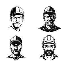 Worker collection, man icon in construction helmet, bearded man avatar, man logo design