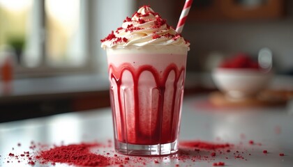 Indulgent red velvet milkshake in clear glass topped with whipped cream and red crumbs. Drizzled with cream cheese frosting. A sweet treat perfect for cafes, celebrations, or a rich snack.