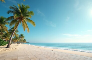 Obraz premium Tropical beach with palm trees and wooden pathway. Serene ocean meets sandy shore under a clear blue sky. Perfect paradise scene for summer vacation or travel destination.