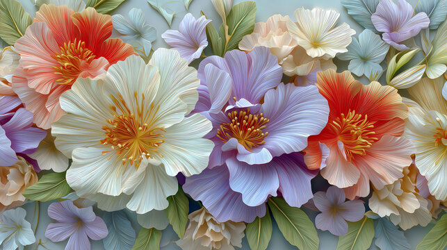 3D relief flower background with large, colorful flowers for decoration, perfect for printing pictures