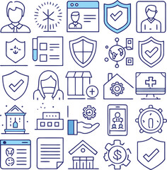 Collection of blue and white outline icons representing business security finance health and technology concepts in a grid layout
