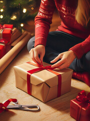 Hands wrapping presents with red ribbon and seasonal decor.Hands tying ribbon on gift box in warm festive room.