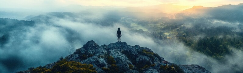 Silhouette standing on top of a mountain with a view of a valley travel concept