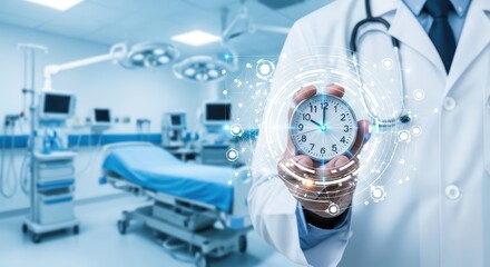 Timely Healthcare: Doctor Holding Clock in Modern Hospital