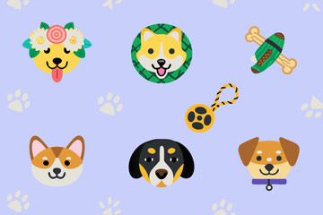 Fototapeta premium Adorable Dog Face Icons of Popular Breeds – Flat Vector Illustration