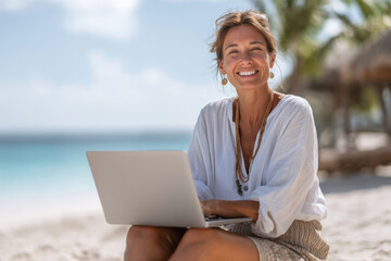 beautiful woman sitting and using laptop on beach