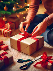Hands wrapping presents with red ribbon and seasonal decor.
Christmas gift preparation with cozy rug and glowing lights.