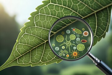 A close-up of a leaf under a digital magnifying glass