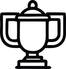 A simple bold black and white line drawing of a classic trophy cup with two handles and a pedestal base signifying achievement and victory
