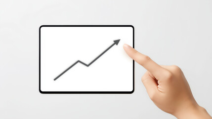 Hand pointing at rising arrow on digital tablet screen symbolizing growth and success in business or finance