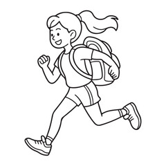 Girl Running with Backpack in Line Art Style Silhouette