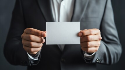 Naklejka premium Businessman holding a blank card in hands.