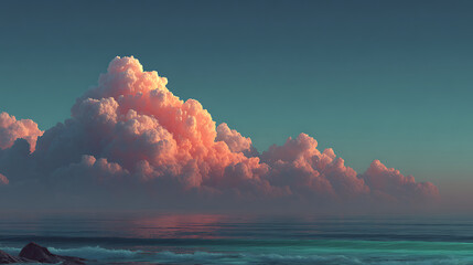 A dramatic cloud formation glows with warm sunset colors over a calm ocean, reflecting the vibrant hues on the waters surface