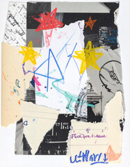 Fototapeta premium An abstract mixed media collage combining torn photographic elements and childlike crayon scribbles. Includes rough hand-drawn, street art-style graffiti, stamped text, and journal-like overlays.