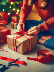Preparing Christmas presents with glowing tree and decorations.
Hands tying ribbon on gift box in warm festive room.