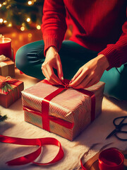 Hands tying ribbon on gift box in warm festive room.
Christmas wrapping scene with cozy rug and glowing lights.
