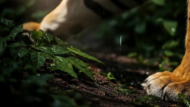 Close up of paw from a large feline walking in lush natural environment