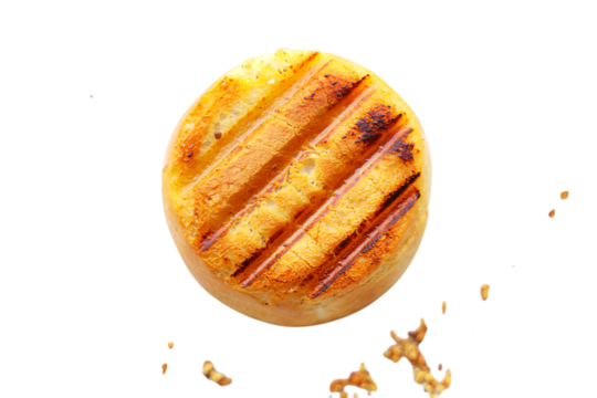 A perfectly grilled oval shaped potato patty with distinct grill marks isolated on transparent background