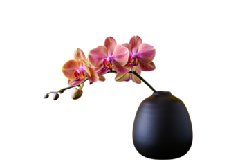 Elegant peach and pink orchid flowers in a dark vase isolated on transparent background