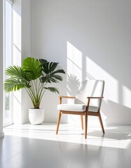 Fototapeta premium White Room with Modern Chair and Sunlight Shadows