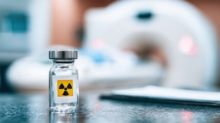 Nuclear medicine: radioactive vial with medical imaging equipment in background