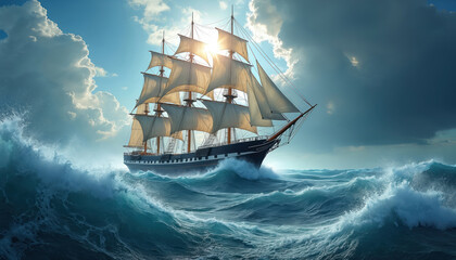 Fototapeta premium Majestic tall ship sails across bright blue sea. Powerful waves crash against the vessel. Sunlight breaks through clouds. Nautical adventure evokes maritime history and exploration.