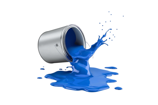 silver can full of blue paint, jumping with paint splashing. PNG transparent background