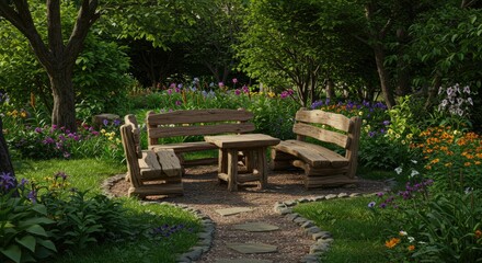 Serene Garden Scene: Rustic Wooden Furniture Amidst Colorful Wildflowers