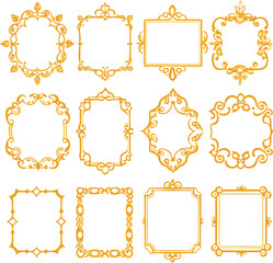 A collection of twelve ornate golden decorative frames and borders showcasing intricate baroque and rococo design elements perfect for elegant invitations and formal documents