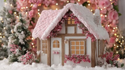Small house with pink roof and white door under clear daylight, isolated on plain background.