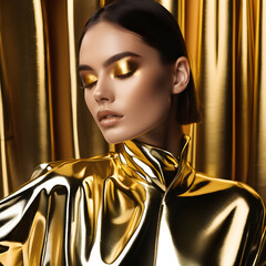 Woman in shiny fashionable gold outfit