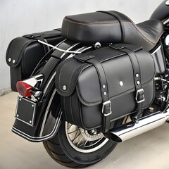 A close up view of a motorcycle with black leather saddlebags and a chrome exhaust pipe on the side