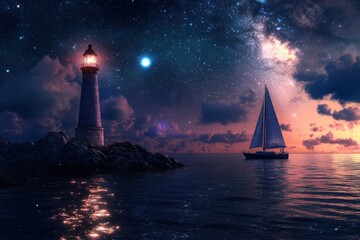 Majestic lighthouse guiding sailboat under starry sky ocean night