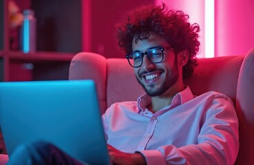 Man with glasses smiles working on laptop in room with neon lights. Futuristic setting. Young adult enjoys positive emotions using technology in modern workspace. Success, career and happiness.