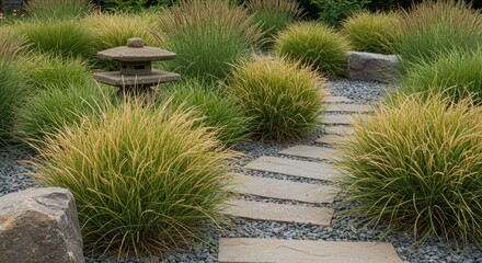 Obraz premium Serene Japanese Garden: Stone Lantern, Ornamental Grasses, and Pathway