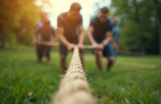 Team members pull rope in outdoor team building activity. Effort and cooperation shown on grassy terrain with blurred trees and sunlight. Focus on unity, motivation, and group dynamics.