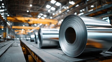 Fototapeta premium Industrial Factory with Large Rolls of Steel Material in a Modern Warehouse Setting