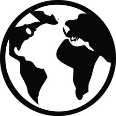 A stylized black and white silhouette of planet earth showcasing continents and oceans within a circular frame representing global connection and geography