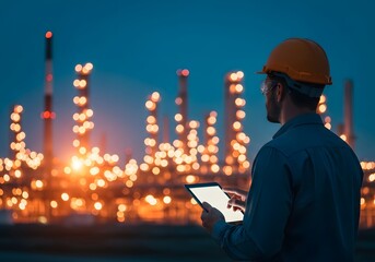 An engineer with a tablet at an industrial plant at dusk