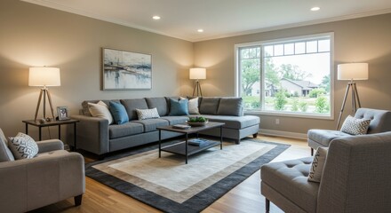 Serene Living Room Interior with Gray Sectional Sofa and Natural Light from Large Window