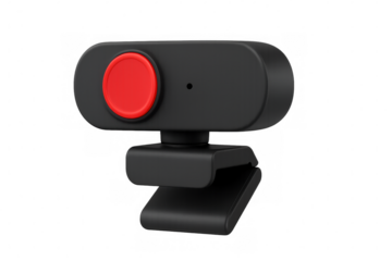 3d rendering of a sleek, black webcam featuring a prominent red button, set against a transparent background