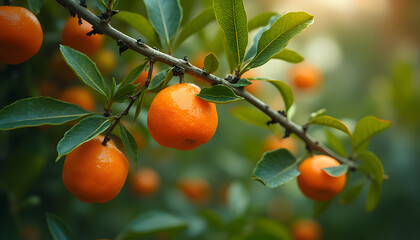 Mandarin tree, ripe mandarins, rich colors, rich layers, green leaves.