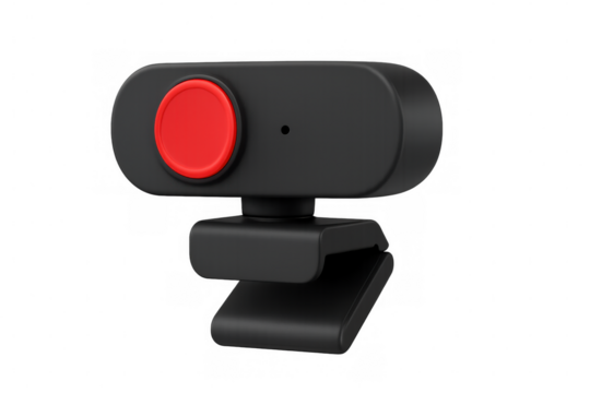 3d rendering of a sleek, black webcam featuring a prominent red button, set against a transparent background