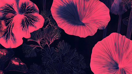 Vibrant, abstract floral design with deep hues of magenta and dark-navy on a black backdrop.  Intricate, stylized leaves and flower-like forms