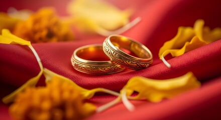Macro Shot of Indian Wedding Rings on Silk Fabric with Flower Petals