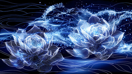 Two luminous lotus flowers against a backdrop of swirling, dark blue lines and sparkling, flowing water.  A digital artwork, with lines creating an ethereal, almost glowing, effect