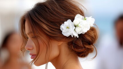 Naklejka premium Elegant bridal hairstyle with white flowers