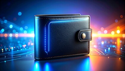 Futuristic leather wallet on digital circuit background